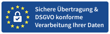 DSGVO Logo mit einem Schloss inmitten der EU-Flagge sowie dem Schritzug: Sichere Übertragung & DSGVO konforme Verarbeitung Ihrer Daten