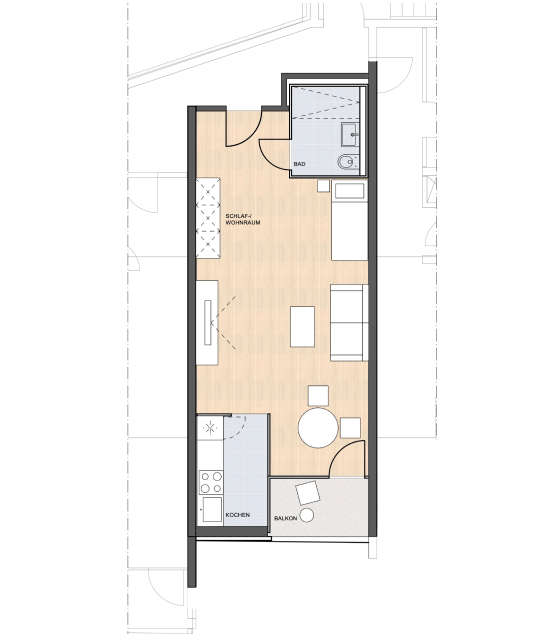Grundriss einer typischen Einzimmerwohnung. Die Wohnung ist etwa 3 mal so lang wie breit. Links von der Eingangstür befindet sich direkt das Bad. Danach folgen der Schlaf und Wohnraum sowie eine abgetrennte Küche und ein Balkon.